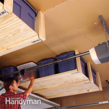 30+ Creative Ways to Organize Your Garage --> Install suspended shelving to storge lighter items