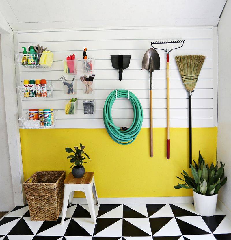 30+ Creative Ways to Organize Your Garage --> Use a wall panel to hang and organize project supplies and cleaning supplies