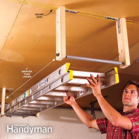 30+ Creative Ways to Organize Your Garage --> Out-of-the-way ladder storage
