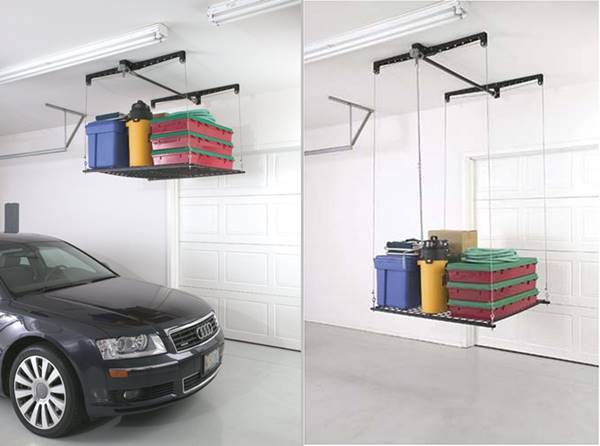 30+ Creative Ways to Organize Your Garage --> Roof-mounted garage stock rack to save space