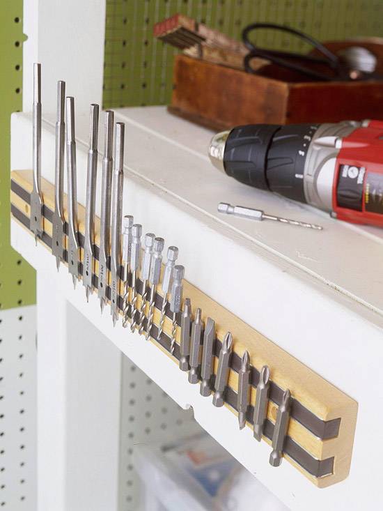 30+ Creative Ways to Organize Your Garage --> Organize drill bits, nails, screws, wrenches etc. with a magnetic tool holder