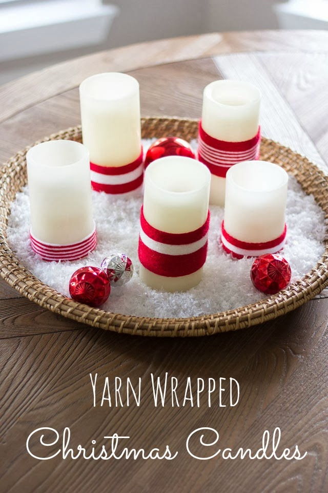 40+ Creative DIY Holiday Candles Projects --> Yarn Wrapped Christmas Candles