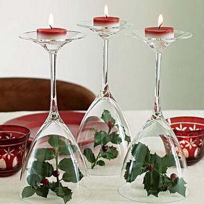 40+ Creative DIY Holiday Candles Projects --> Upside Down Wine Glasses Candle Holders Centerpiece