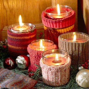 40+ Creative DIY Holiday Candles Projects --> Repurpose Old Sweaters or Wool Socks as Candle Cozies