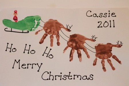 40+ Creative Handprint and Footprint Crafts for Christmas --> Handprint Reindeers and Footprint Sleigh Christmas Craft