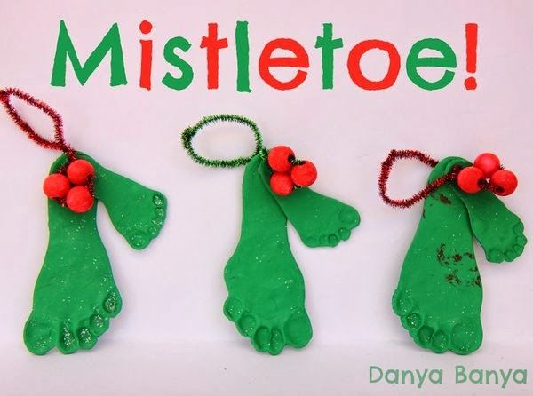 40+ Creative Handprint and Footprint Crafts for Christmas --> Mistletoe Salt Dough Footprint Ornaments