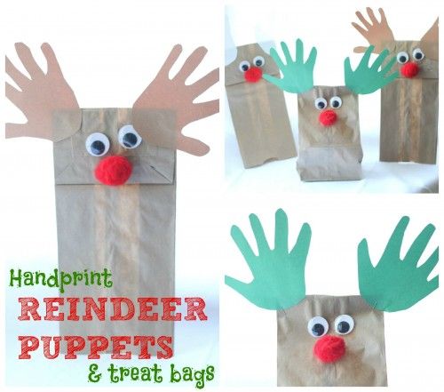 40+ Creative Handprint and Footprint Crafts for Christmas --> Handprint Reindeer Puppets and Treat Bags