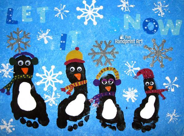 40+ Creative Handprint and Footprint Crafts for Christmas --> Footprint Penguin Canvas Keepsake