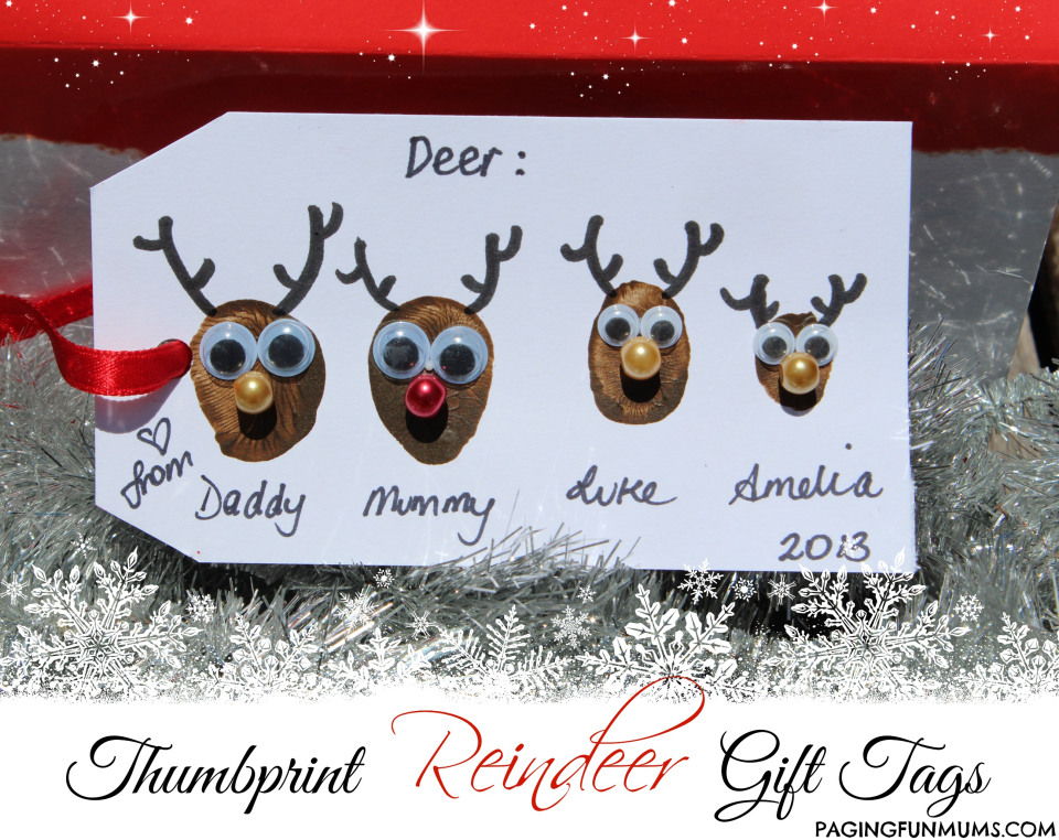 40+ Creative Handprint and Footprint Crafts for Christmas --> Thumbprint Reindeer Gift Tags
