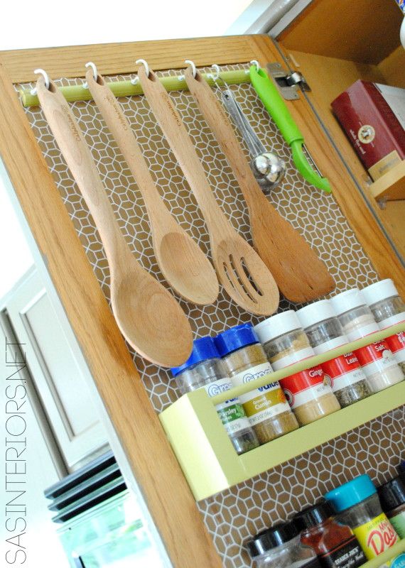 40+ Organization and Storage Hacks for Small Kitchens --> Make use of the inside of your cabinet doors to store spices and kitchen utensils