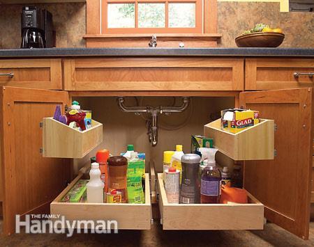 40+ Organization and Storage Hacks for Small Kitchens --> Build storage trays to maximize the space under the kitchen sink