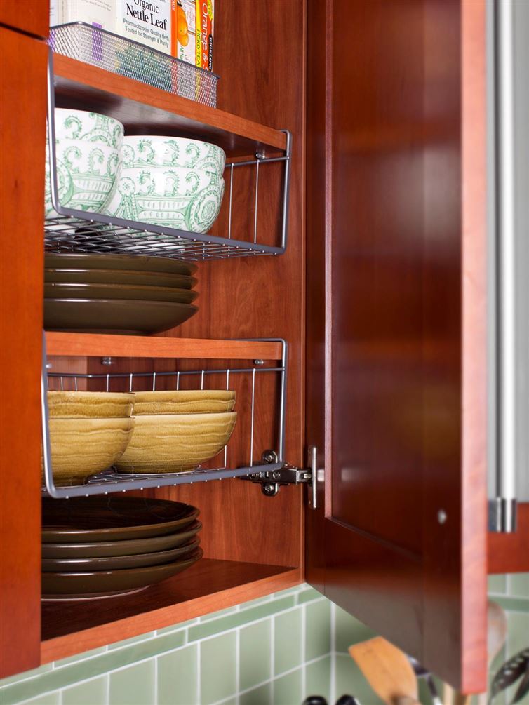 40+ Organization and Storage Hacks for Small Kitchens --> Increase your cabinet space with under-the-shelf racks