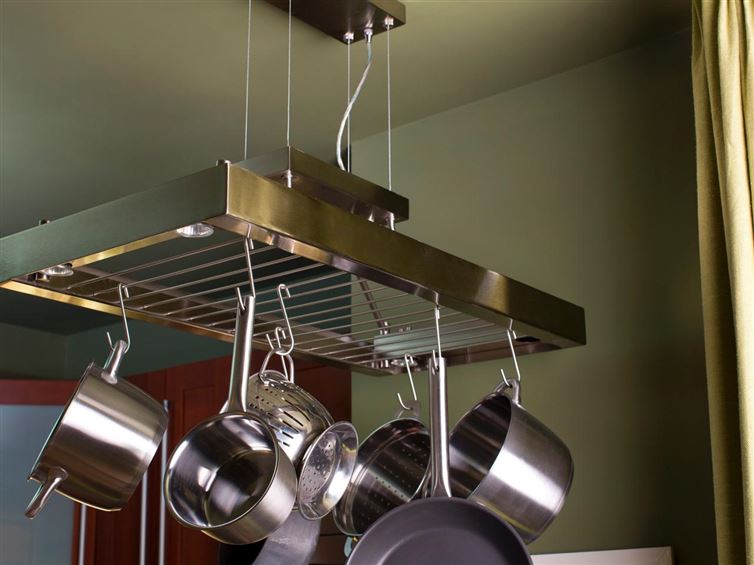 40+ Organization and Storage Hacks for Small Kitchens --> Hang your pots over a pot rack pendant light in the kitchen