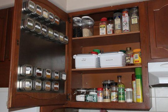40+ Organization and Storage Hacks for Small Kitchens --> Take advantage of the inside of your cabinet doors to store spices