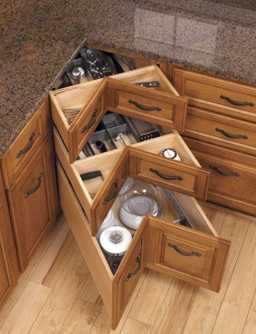 40+ Organization and Storage Hacks for Small Kitchens --> DIY kitchen corner drawers