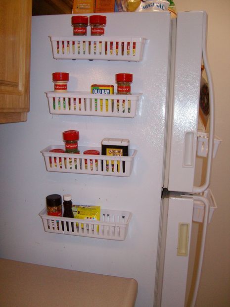 40+ Organization and Storage Hacks for Small Kitchens --> Stick magnetic spice racks to the side of your refridgerator
