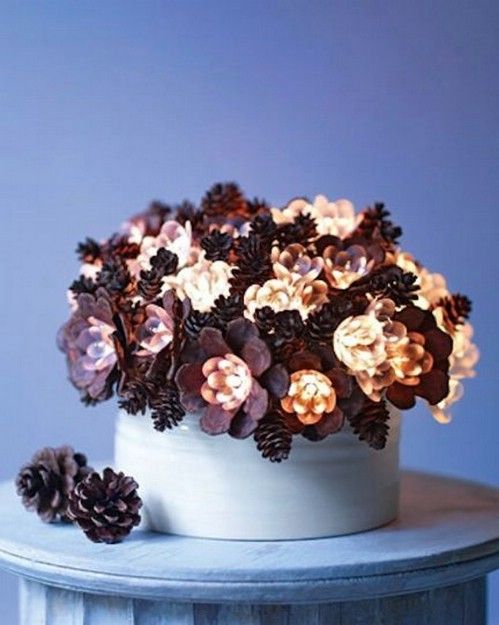 40+ Creative Pinecone Crafts for Your Holiday Decorations --> Lighted Pinecone Arrangement