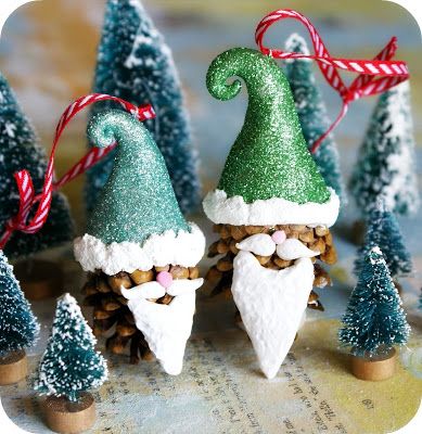 40+ Creative Pinecone Crafts for Your Holiday Decorations --> Santa Gnome Pinecone Ornaments