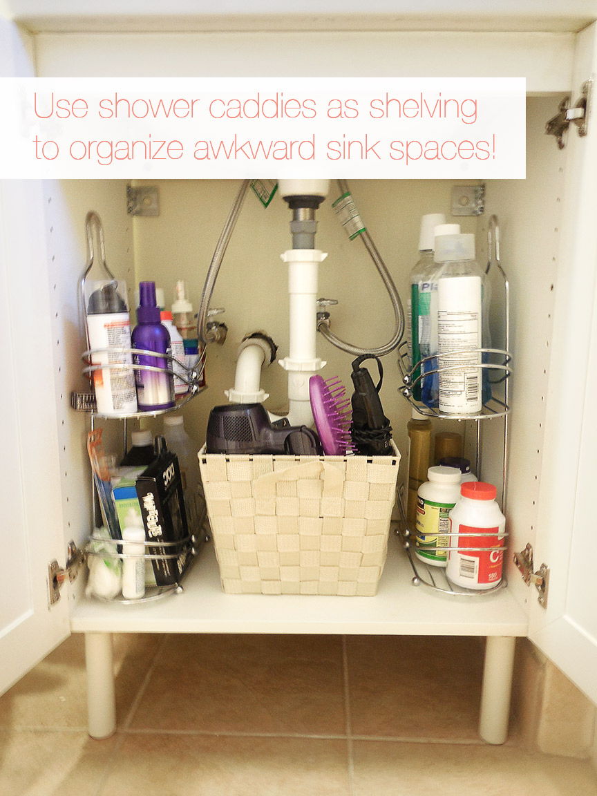 40+ Brilliant DIY Storage and Organization Hacks for Small Bathrooms --> Use shower caddies as shelfing to organize awkward sink spaces