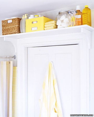 40+ Brilliant DIY Storage and Organization Hacks for Small Bathrooms --> Put a toiletry shelf over the bathroo door for extra storage