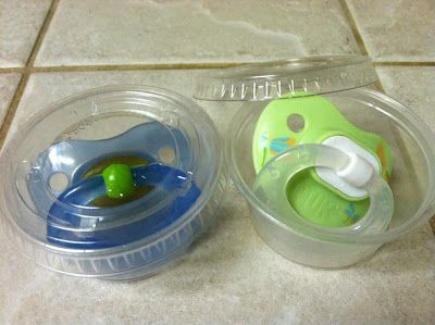 30+ Brilliant Mom Hacks That Will Make Your Life Easier --> Store pacifiers in basic souffle cups to keep them clean and to make it easy to carry in bags.