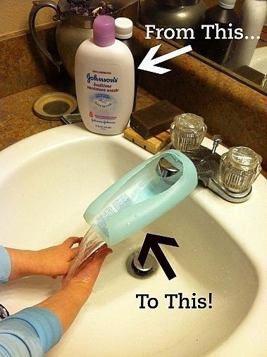 30+ Brilliant Mom Hacks That Will Make Your Life Easier --> Cut an empty lotion bottle into a simple faucet extender for the little ones to use.