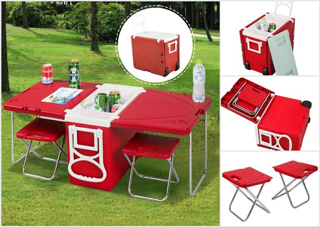 Cooler with store chairs and table