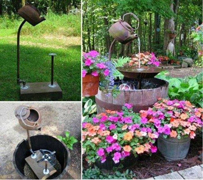 40+ Creative DIY Water Features For Your Garden --> Repurpose an Old Teapot into a Garden Water Fountain