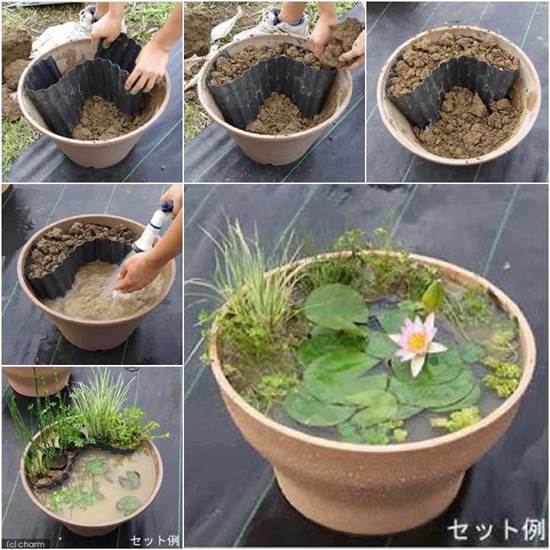 40+ Creative DIY Water Features For Your Garden --> DIY Mini Garden Pond in a Container