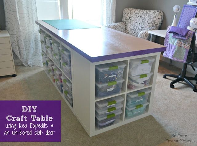 25+ Creative DIY Projects to Make a Craft Table --> DIY Craft Table Using Ikea Expedits and an Un-bored Slab Door
