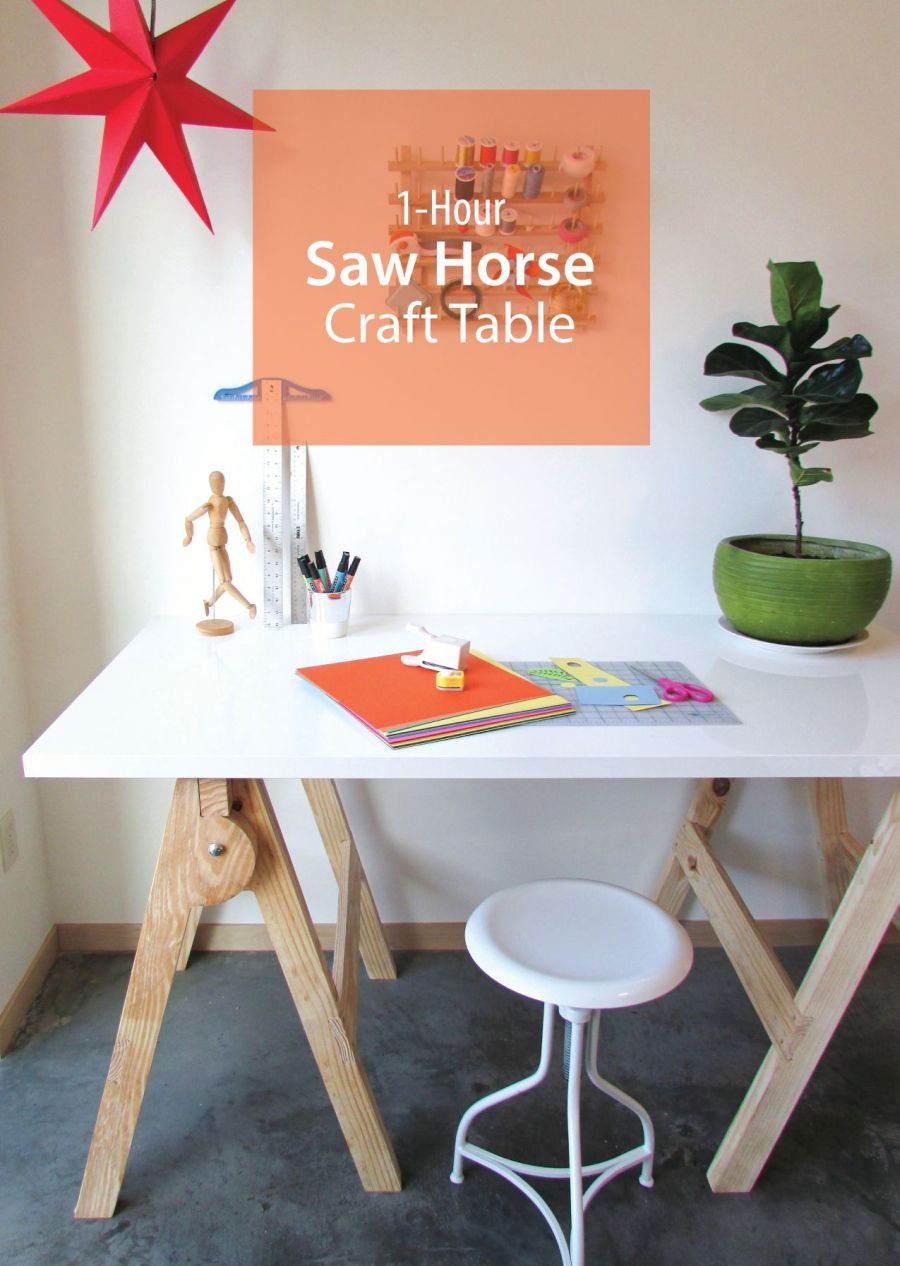 25+ Creative DIY Projects to Make a Craft Table --> 1-Hour Saw Horse Craft Table