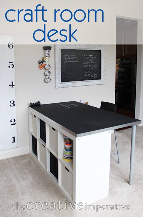 25+ Creative DIY Projects to Make a Craft Table --> Craft Room Desk with Shelves