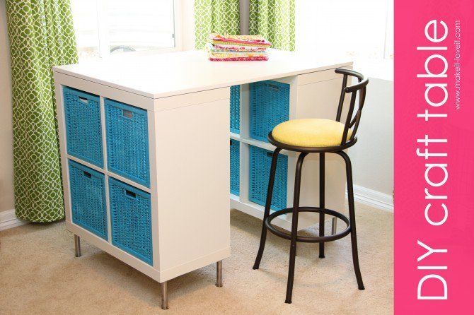 25+ Creative DIY Projects to Make a Craft Table --> Make a Counter Height Craft Table from 2 Shelves, a Table Top and 8 Legs