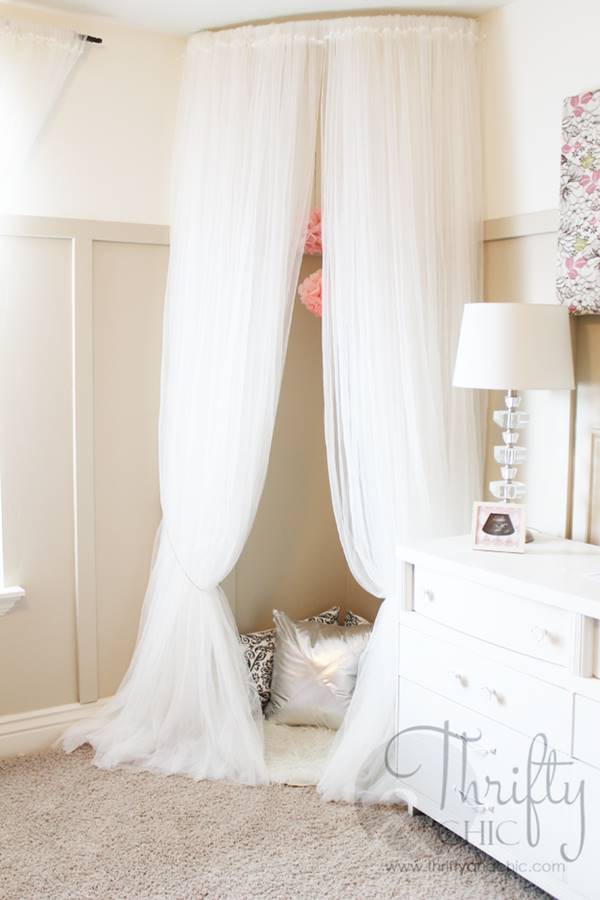 DIY Whimsical Canopy Tent or Reading Nook with a Curved Curtain Rod and IKEA Curtains